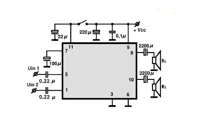 TDA7353 electronic component with associated schematic circuit diagram