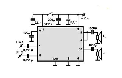 TDA7360 electronic component with associated schematic circuit diagram