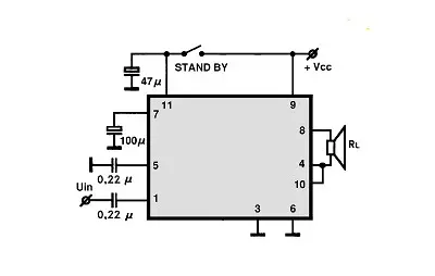 TDA7363 electronic component with associated schematic circuit diagram