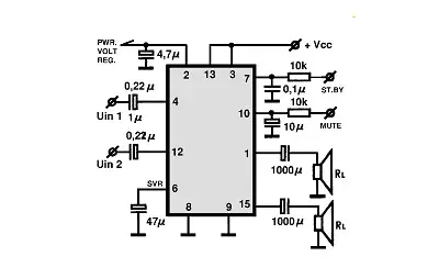 TDA7365 electronic component with associated schematic circuit diagram