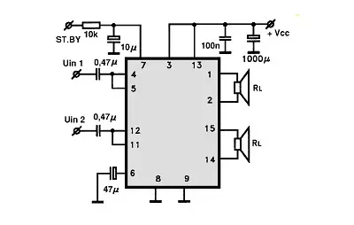 TDA7374B electronic component with associated schematic circuit diagram