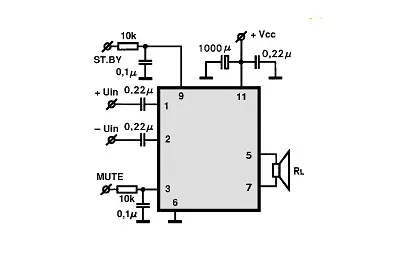 TDA7390 electronic component with associated schematic circuit diagram