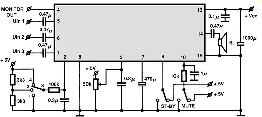 TDA7494 electronic component with associated schematic circuit diagram