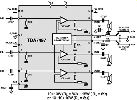 TDA7497 electronic component with associated schematic circuit diagram