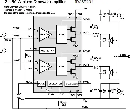 TDA8920J electronic component with associated schematic circuit diagram