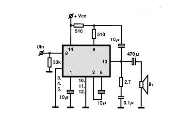 LM390N electronic component with associated schematic circuit diagram