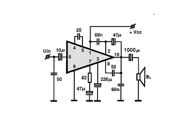 TA7205AP electronic component with associated schematic circuit diagram