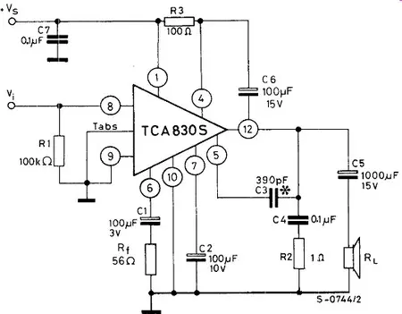 TCA830S electronic component with associated schematic circuit diagram